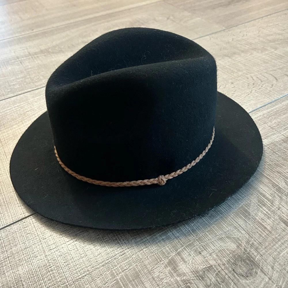 Chico's Black Wool Felt Fedora Hat with Braided Trim – Wide Brim Rancher One Sze